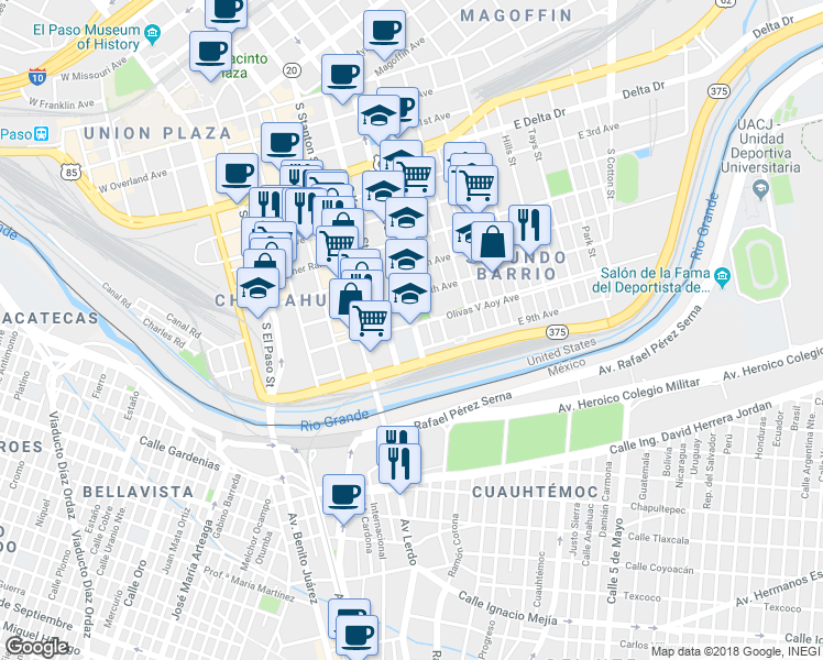 map of restaurants, bars, coffee shops, grocery stores, and more near 901 South Campbell Street in El Paso