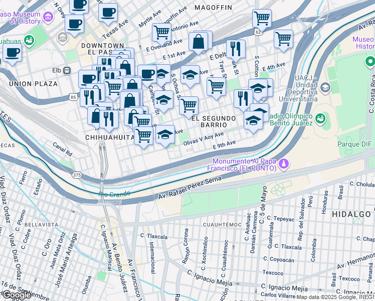 map of restaurants, bars, coffee shops, grocery stores, and more near 1001 South Ochoa Street in El Paso