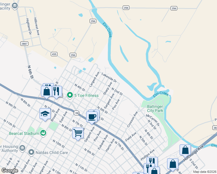 map of restaurants, bars, coffee shops, grocery stores, and more near 208 Sharp Avenue in Ballinger