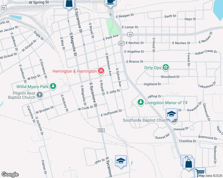 map of restaurants, bars, coffee shops, grocery stores, and more near 222 East Jolly Street in Palestine