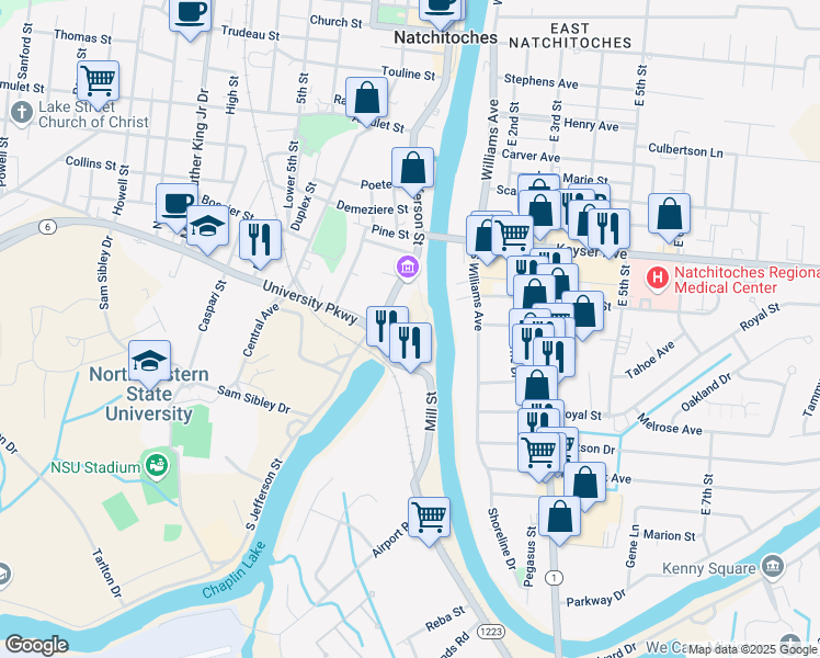 map of restaurants, bars, coffee shops, grocery stores, and more near 137 Mill Street in Natchitoches