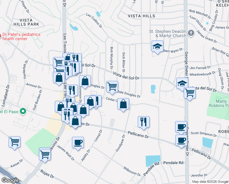 map of restaurants, bars, coffee shops, grocery stores, and more near 11409 Cedar Oak Drive in El Paso