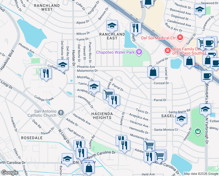 map of restaurants, bars, coffee shops, grocery stores, and more near 7545 Taxco Drive in El Paso