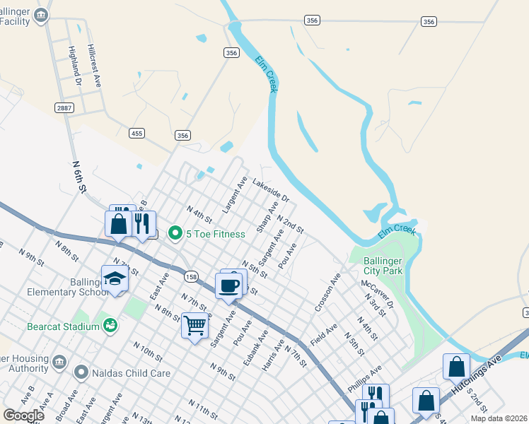 map of restaurants, bars, coffee shops, grocery stores, and more near 208 Sharp Avenue in Ballinger