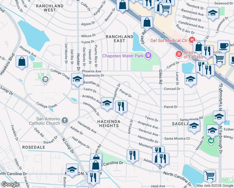 map of restaurants, bars, coffee shops, grocery stores, and more near 7545 Taxco Drive in El Paso