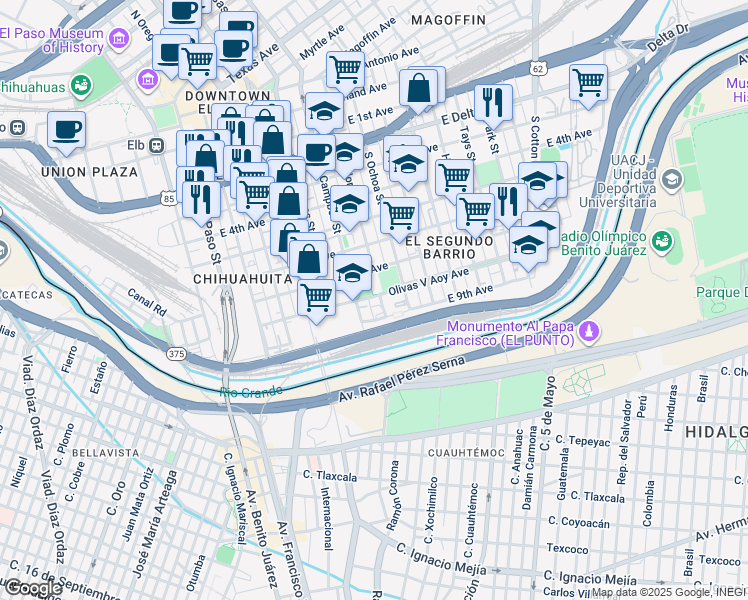 map of restaurants, bars, coffee shops, grocery stores, and more near 609 East 9th Avenue in El Paso