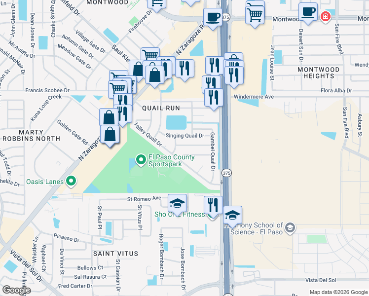 map of restaurants, bars, coffee shops, grocery stores, and more near 12128 Blue Quail Avenue in El Paso