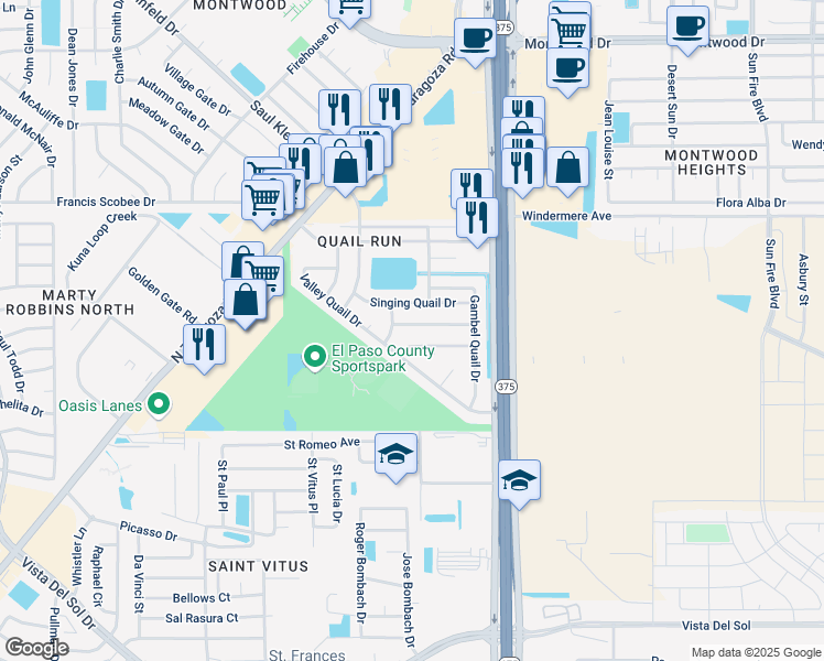 map of restaurants, bars, coffee shops, grocery stores, and more near 12128 Blue Quail Avenue in El Paso