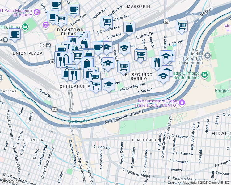 map of restaurants, bars, coffee shops, grocery stores, and more near 1001 South Florence Street in El Paso