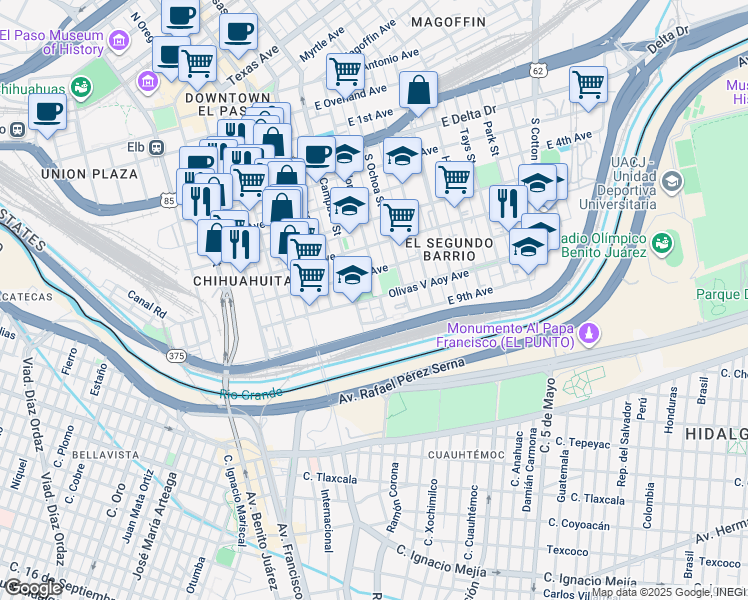 map of restaurants, bars, coffee shops, grocery stores, and more near 1001 South Florence Street in El Paso