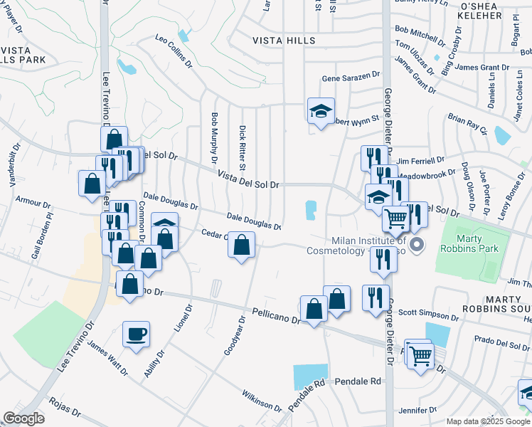 map of restaurants, bars, coffee shops, grocery stores, and more near 1511 Bert Green Drive in El Paso