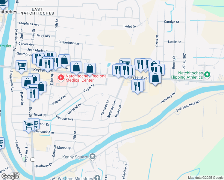 map of restaurants, bars, coffee shops, grocery stores, and more near 900 Oakland Drive in Natchitoches