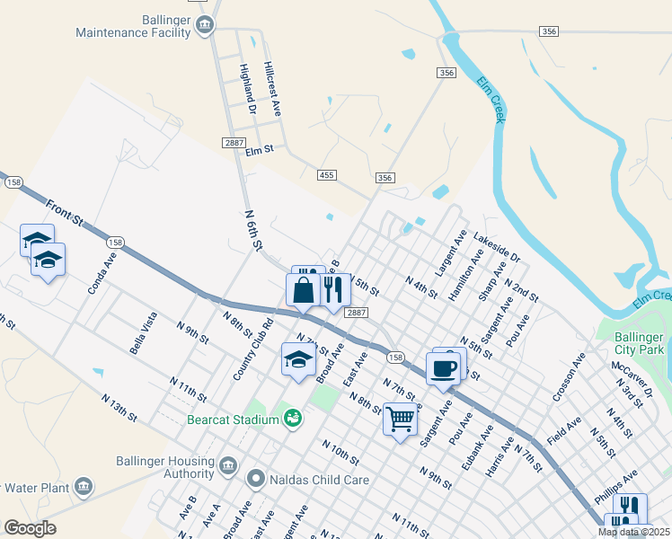 map of restaurants, bars, coffee shops, grocery stores, and more near 501 Avenue A in Ballinger