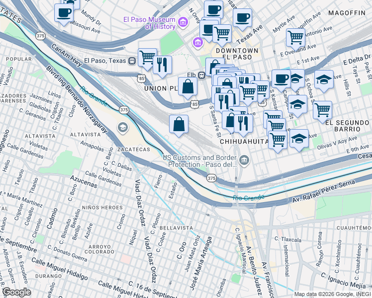 map of restaurants, bars, coffee shops, grocery stores, and more near 525 Canal Road in El Paso