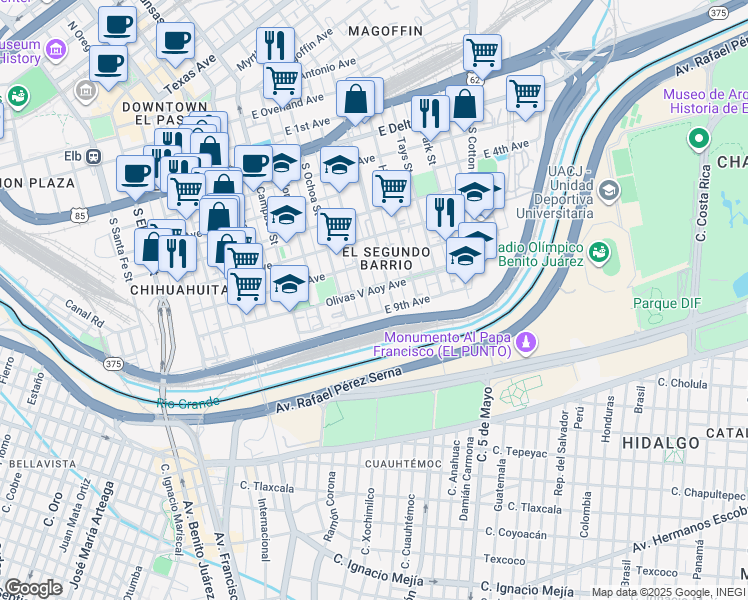 map of restaurants, bars, coffee shops, grocery stores, and more near 919 Saint Vrain Street in El Paso