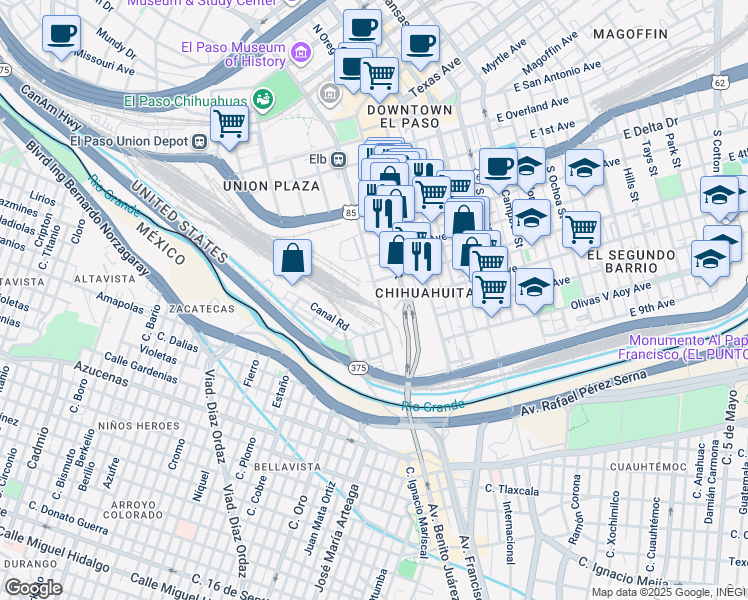 map of restaurants, bars, coffee shops, grocery stores, and more near 805 Texas 375 Loop in El Paso