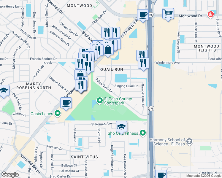 map of restaurants, bars, coffee shops, grocery stores, and more near 12100 Singing Quail Drive in El Paso