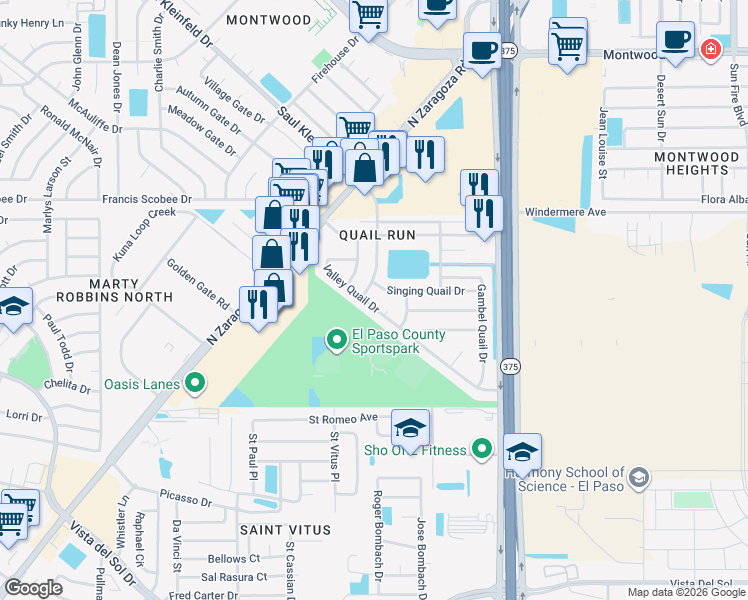 map of restaurants, bars, coffee shops, grocery stores, and more near 12100 Singing Quail Drive in El Paso