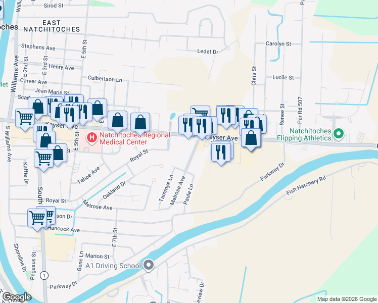 map of restaurants, bars, coffee shops, grocery stores, and more near 100 North Melrose Avenue in Natchitoches