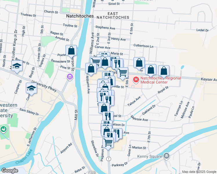 map of restaurants, bars, coffee shops, grocery stores, and more near 101 South Dr in Natchitoches