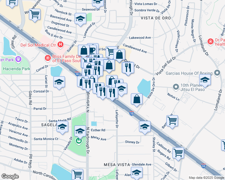 map of restaurants, bars, coffee shops, grocery stores, and more near 10655 Gateway Blvd W in El Paso