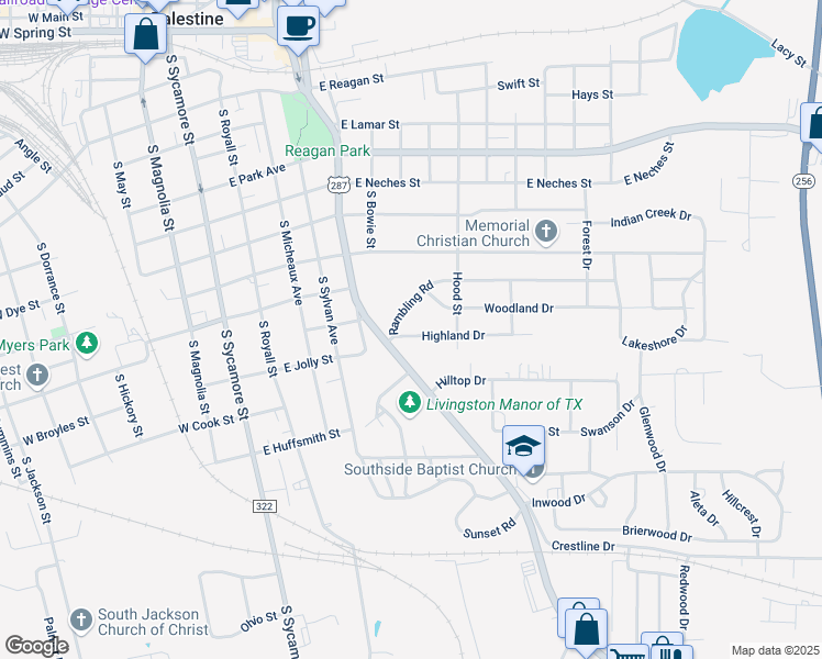map of restaurants, bars, coffee shops, grocery stores, and more near 709 Highland Drive in Palestine