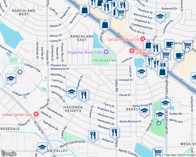 map of restaurants, bars, coffee shops, grocery stores, and more near 7612 Matamoros Drive in El Paso