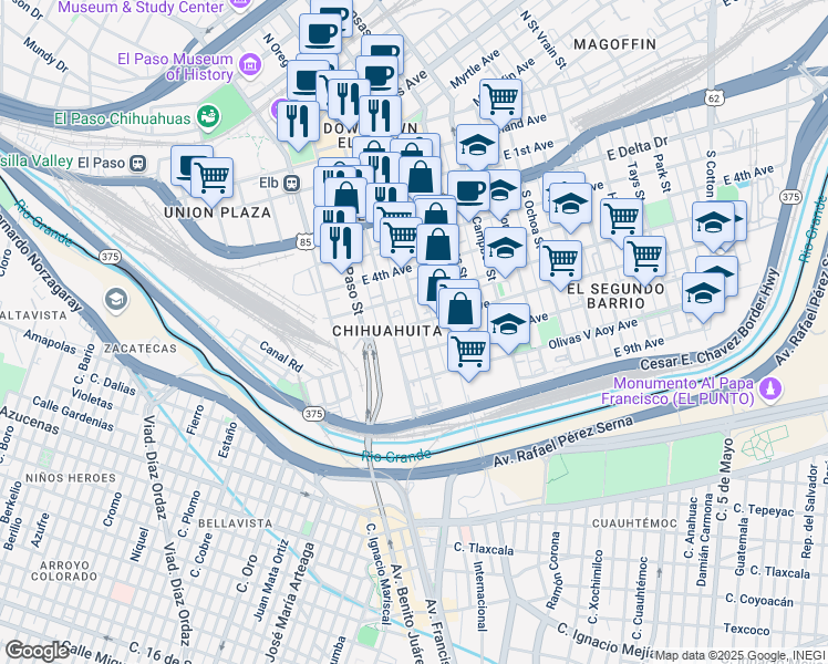 map of restaurants, bars, coffee shops, grocery stores, and more near 801 South Mesa Street in El Paso