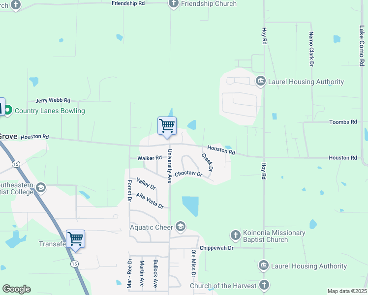 map of restaurants, bars, coffee shops, grocery stores, and more near 194-196 Houston Rd in Laurel