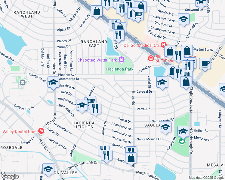 map of restaurants, bars, coffee shops, grocery stores, and more near 7612 Matamoros Drive in El Paso