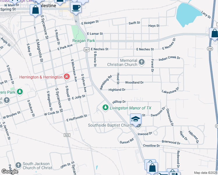 map of restaurants, bars, coffee shops, grocery stores, and more near 709 Highland Drive in Palestine