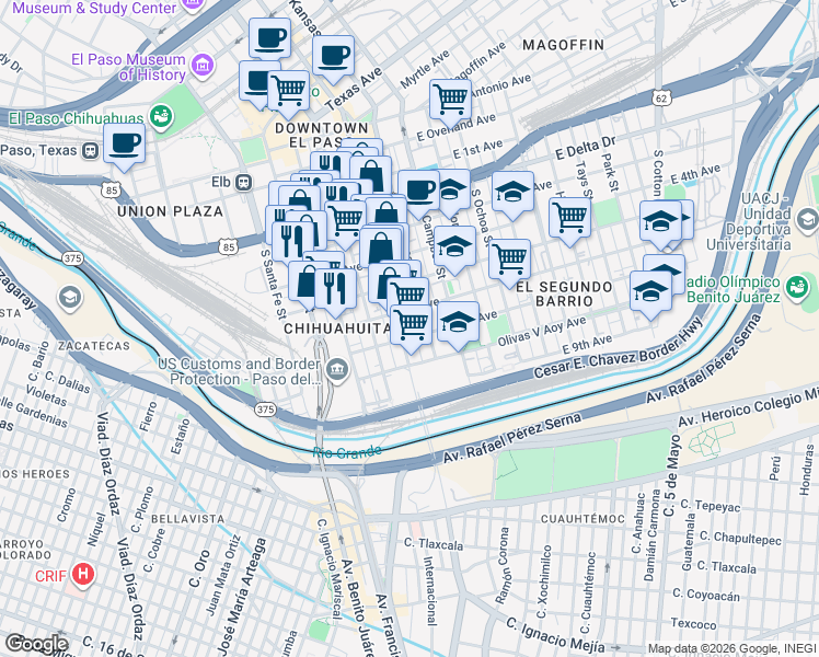 map of restaurants, bars, coffee shops, grocery stores, and more near 808 South Stanton Street in El Paso
