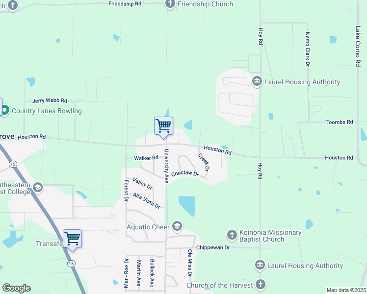map of restaurants, bars, coffee shops, grocery stores, and more near 194 Houston Road in Laurel