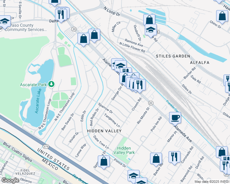 map of restaurants, bars, coffee shops, grocery stores, and more near 125 George Orr Road in El Paso