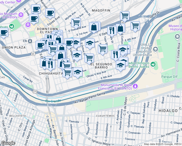 map of restaurants, bars, coffee shops, grocery stores, and more near 916 South Ochoa Street in El Paso