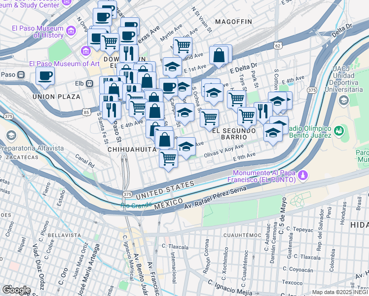 map of restaurants, bars, coffee shops, grocery stores, and more near 901 South Campbell Street in El Paso