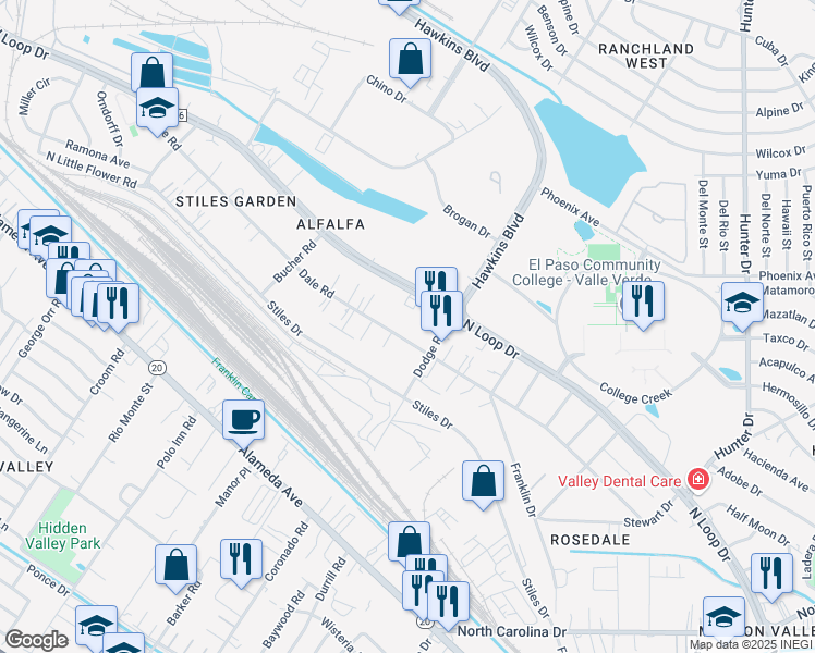 map of restaurants, bars, coffee shops, grocery stores, and more near 7241 Dale Rd in El Paso