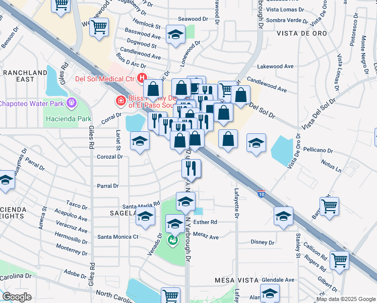 map of restaurants, bars, coffee shops, grocery stores, and more near 982 North Yarbrough Drive in El Paso