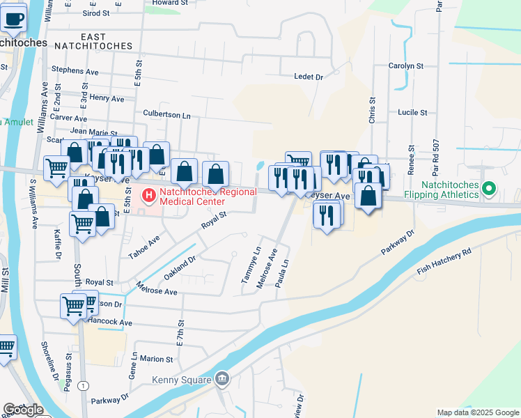 map of restaurants, bars, coffee shops, grocery stores, and more near 801 Keyser Avenue in Natchitoches