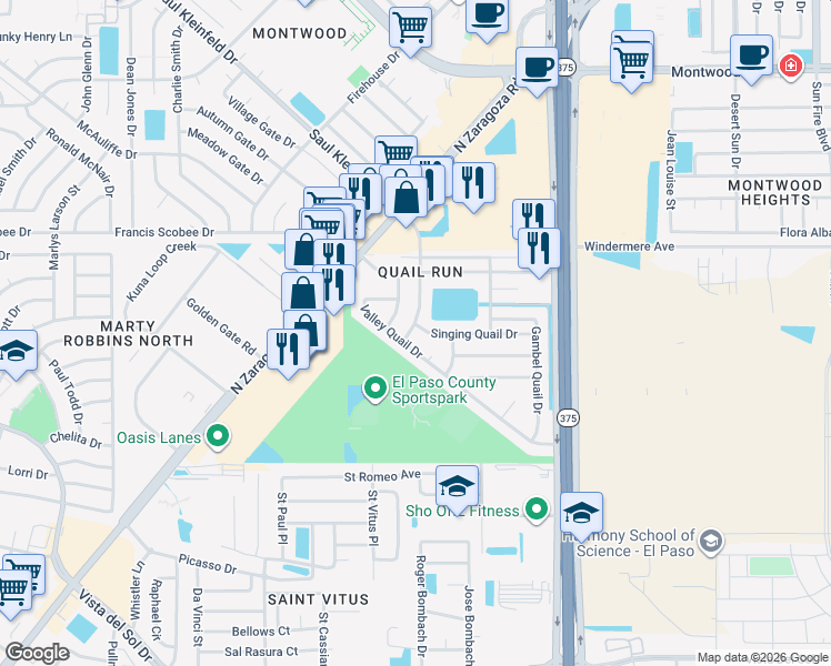map of restaurants, bars, coffee shops, grocery stores, and more near 12100 Singing Quail Dr in El Paso