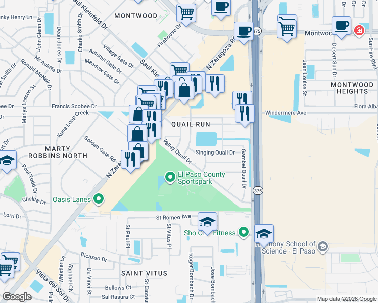 map of restaurants, bars, coffee shops, grocery stores, and more near 12100 Singing Quail Drive in El Paso