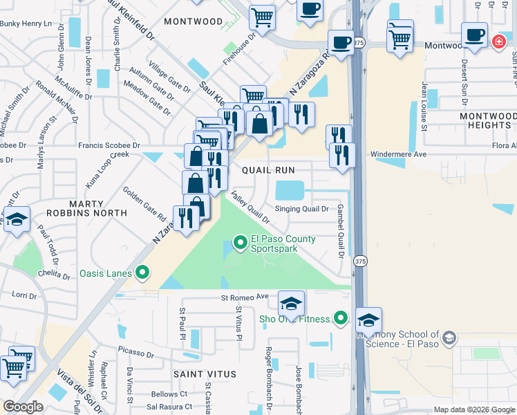 map of restaurants, bars, coffee shops, grocery stores, and more near 12100 Singing Quail Drive in El Paso