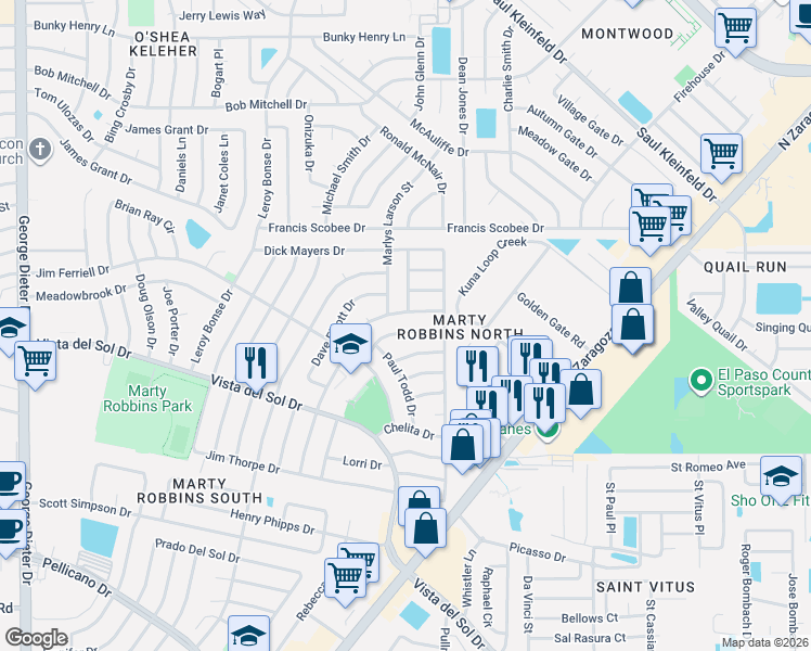 map of restaurants, bars, coffee shops, grocery stores, and more near 11845 Clara Barton Drive in El Paso