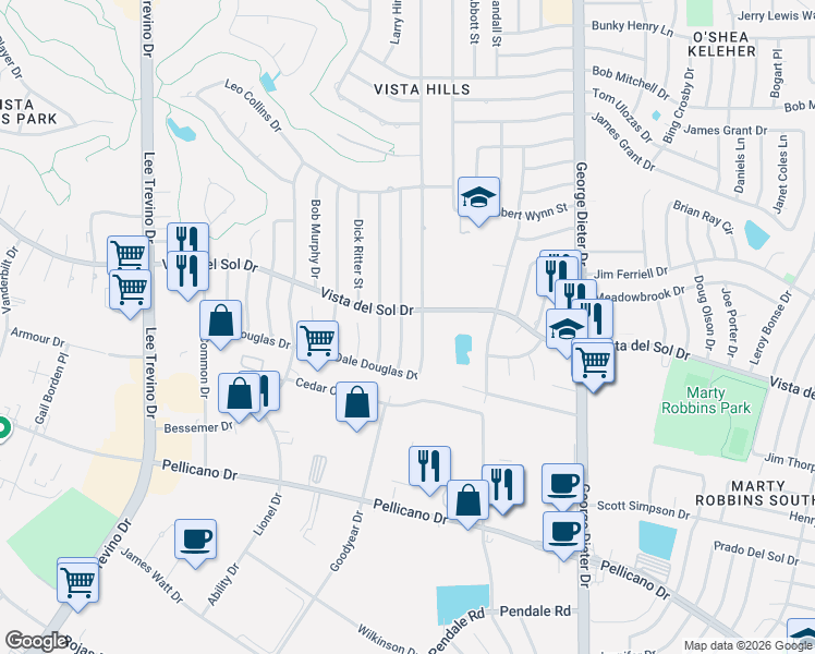 map of restaurants, bars, coffee shops, grocery stores, and more near 1574 Dale Douglas Drive in El Paso