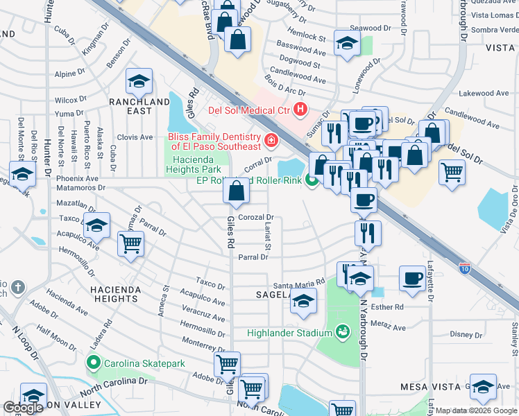 map of restaurants, bars, coffee shops, grocery stores, and more near 1002 Lariat Street in El Paso