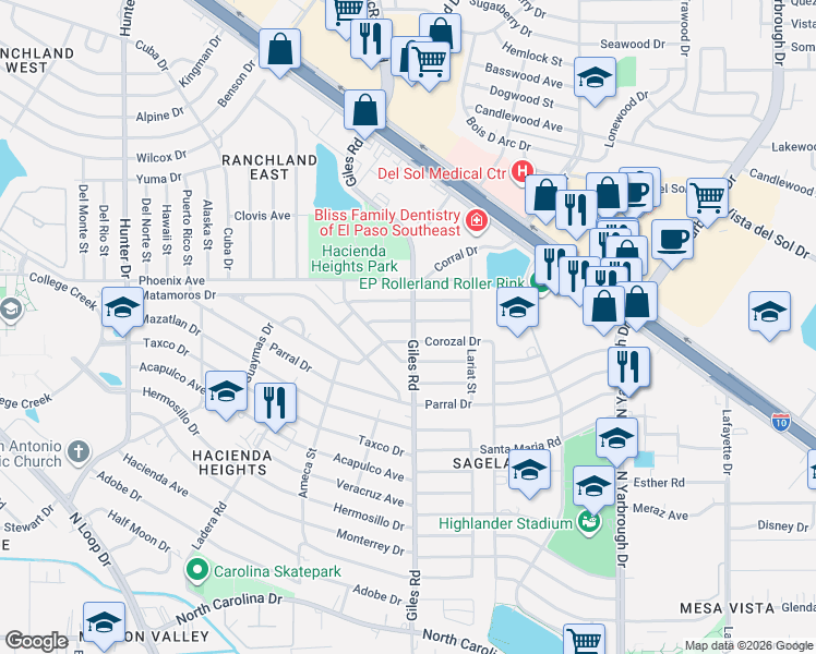 map of restaurants, bars, coffee shops, grocery stores, and more near 7760 Maverick Avenue in El Paso