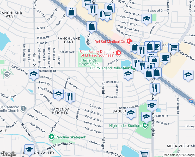 map of restaurants, bars, coffee shops, grocery stores, and more near 7760 Maverick Avenue in El Paso