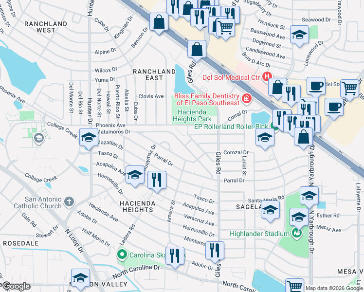 map of restaurants, bars, coffee shops, grocery stores, and more near 7612 Matamoros Drive in El Paso