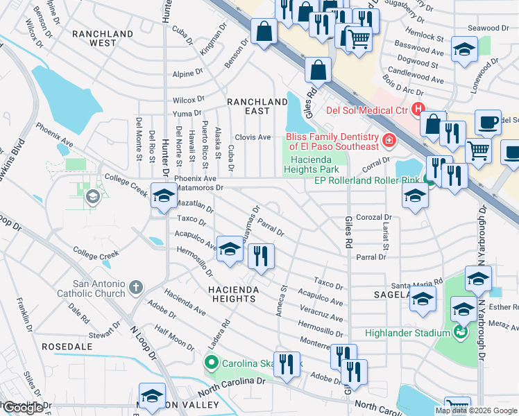 map of restaurants, bars, coffee shops, grocery stores, and more near 7604 Corozal Drive in El Paso