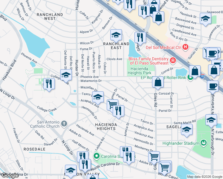 map of restaurants, bars, coffee shops, grocery stores, and more near 7547 Parral Drive in El Paso
